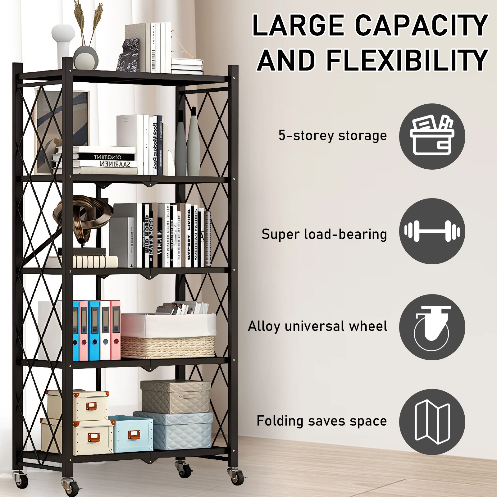 2x Foldable 5-Tier Storage Shelves w/ Wheels Heavy Duty Organizer Kitchen Garage