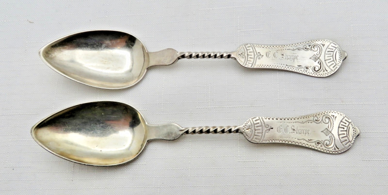 Two  Duhme Coin Silver Twist Handle  6.5 " Teaspoons c1869 Cincinnati