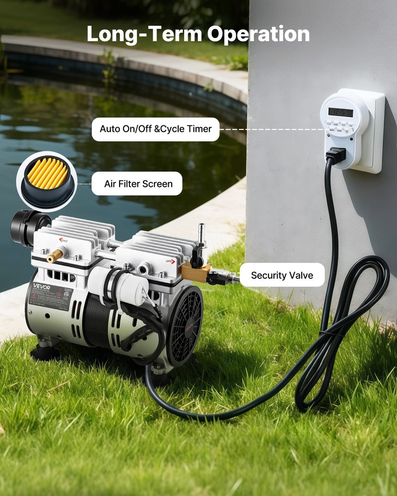 VEVOR 5.2CFM Aeration System for Ponds up to 3 Acre 3/4HP Compressor 2 Diffusers