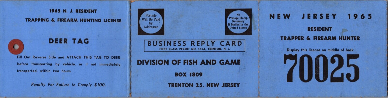 Hunting License Deer Tag 1965 New Jersey