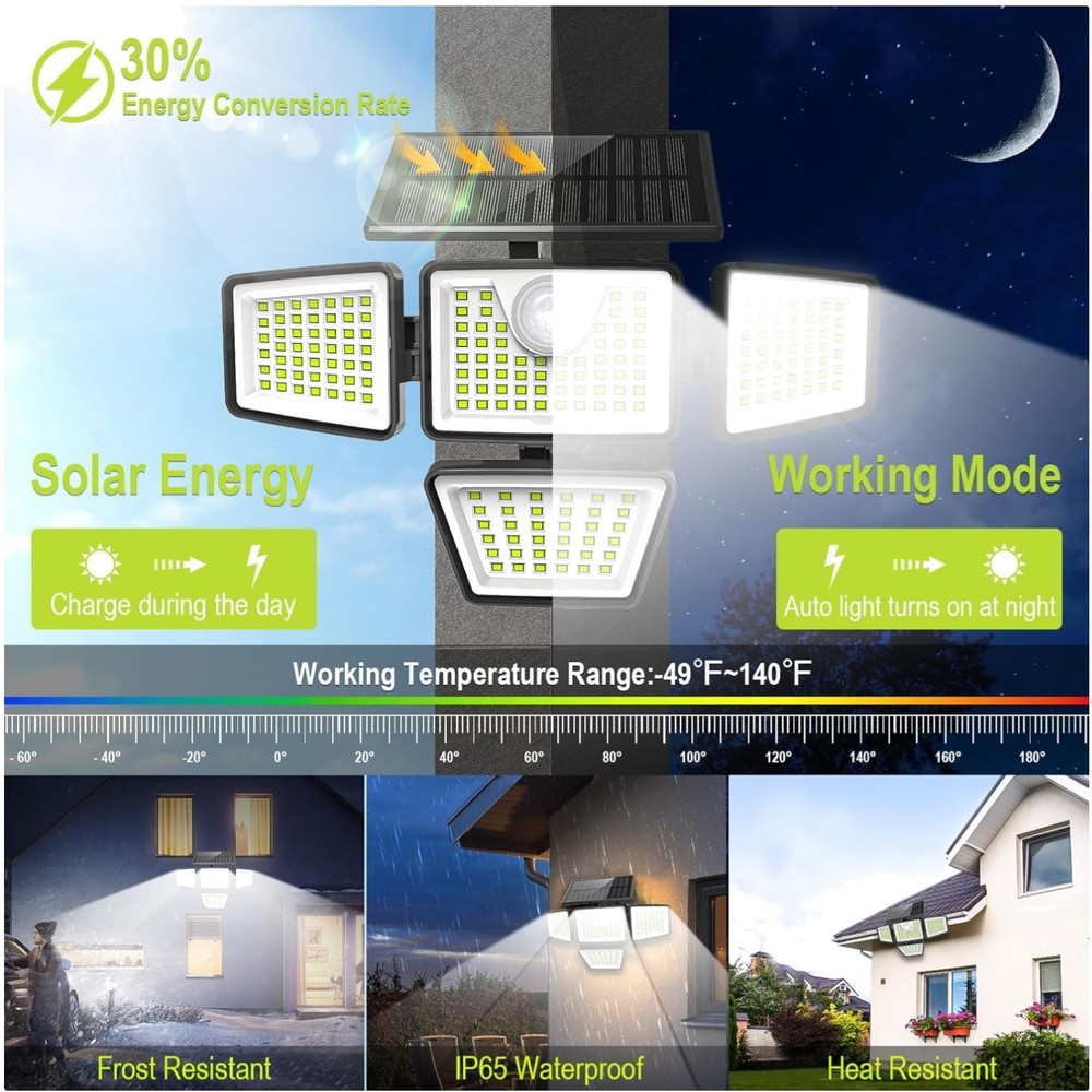 270° Wide Angle Solar Security Lights -  Waterproof