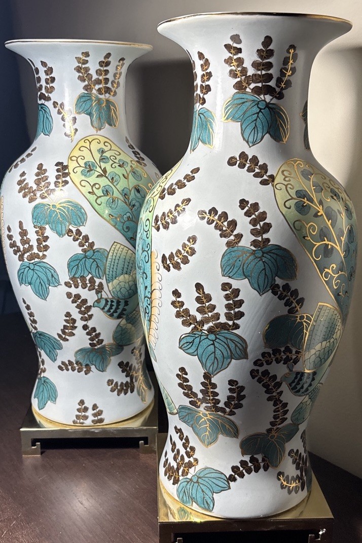 Beautiful Pair of Large Chinese Jingdezhen Porcelain Vases on Brass Stands 16”
