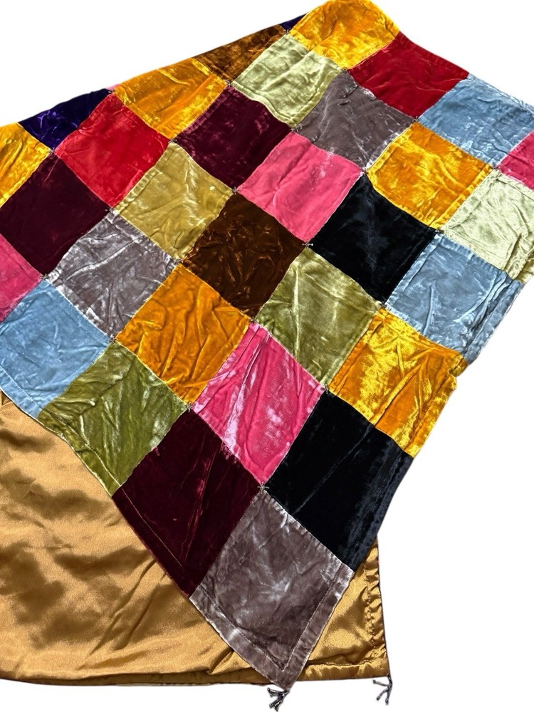 Velvet Patchwork Front Silk Lined Back Beaded Throw Shawl Lap Quilt Boho 68” X36