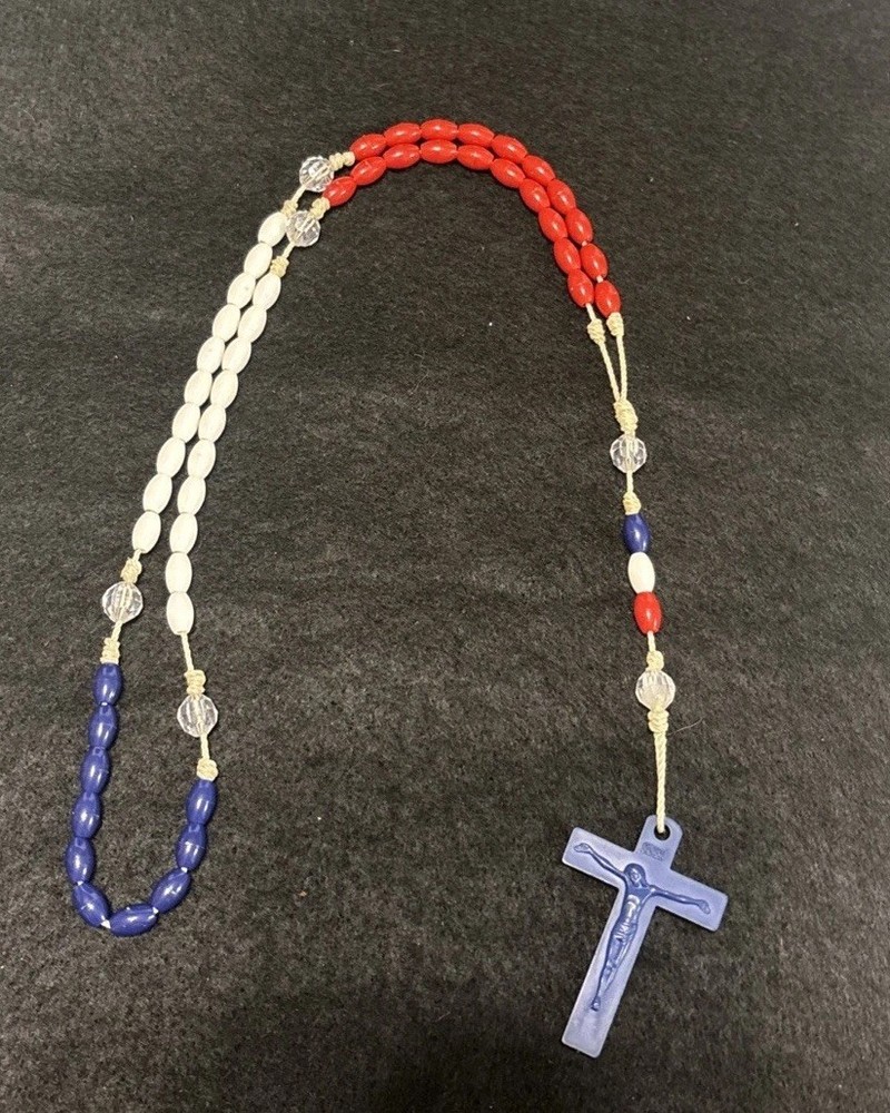 Vintage Red, White And Blue Plastic Rosary Beads Hand Knotted 17”