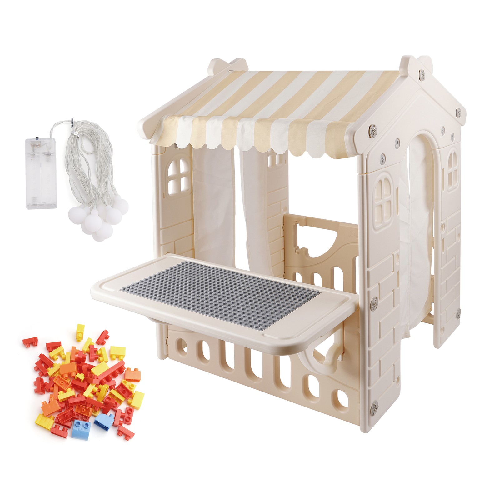 Kid Plastic Outdoor Playhouse With Light Strip And Building Blocks Toddler Toy-