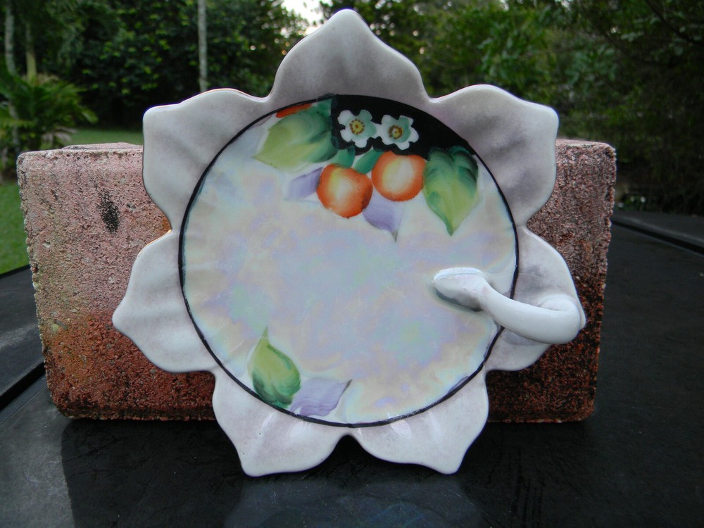 Marked Hand Painted Flower Shaped Candy Dish with Finger Loop Handle 6"