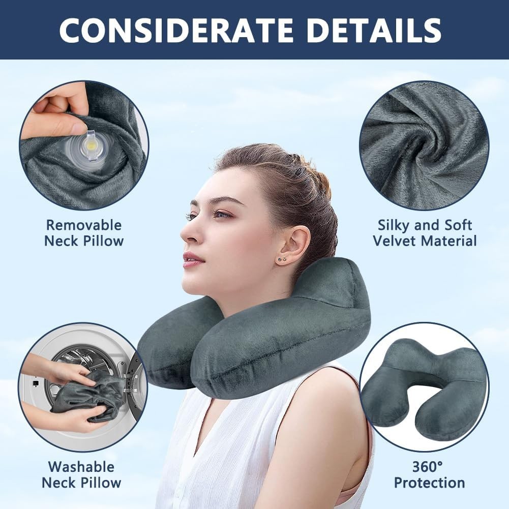 Inflatable Neck Travel Pillow Soft Velvet Ergonomic Airplane Car Grey