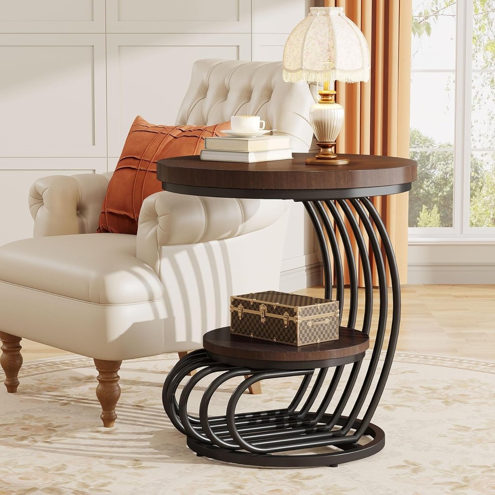 Round End Side Table: Side Table with 2 Tiers Storage Shelves