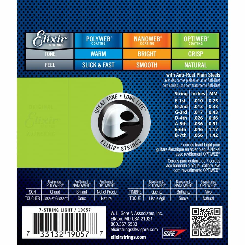 Elixir 19057 Optiweb Coating NPS Electric Guitar Strings, 7-String Light (10-56)
