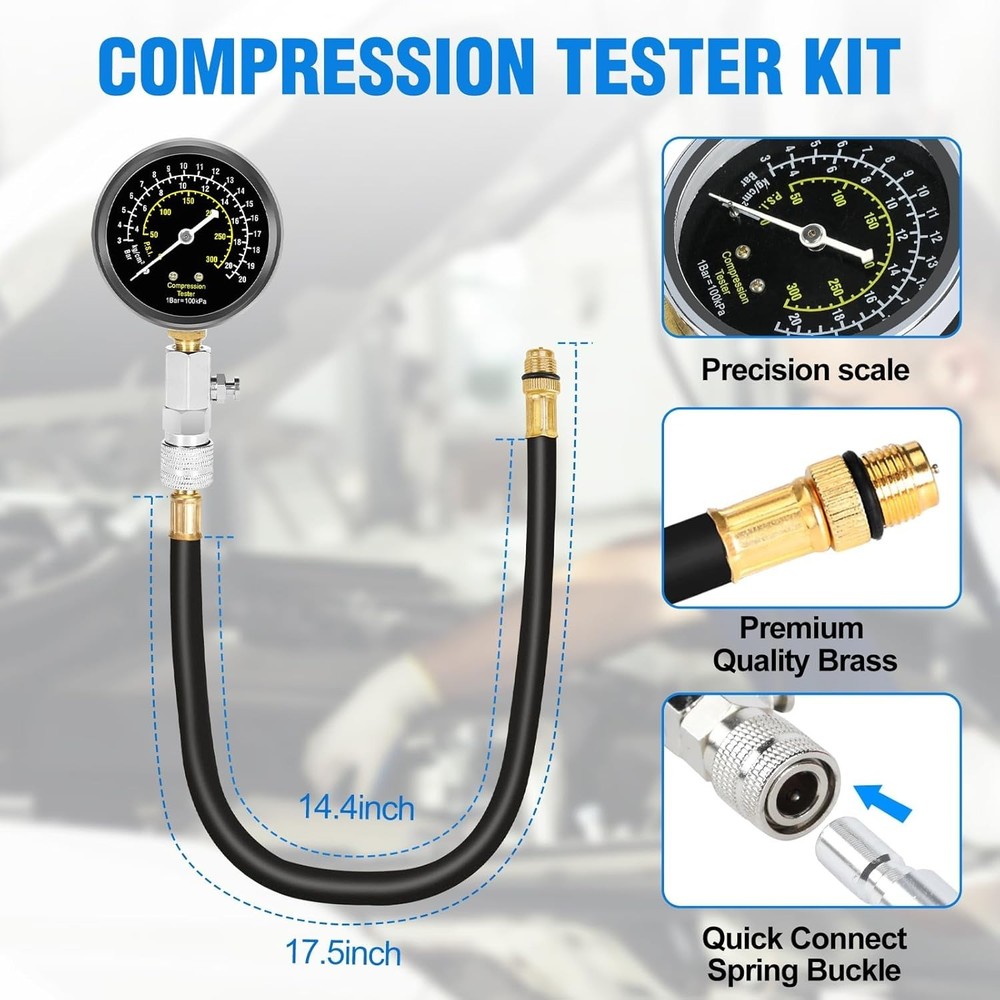 Triple Range Petrol Engine Compression Tester Kit - 9pcs with 4 Connect Adapters