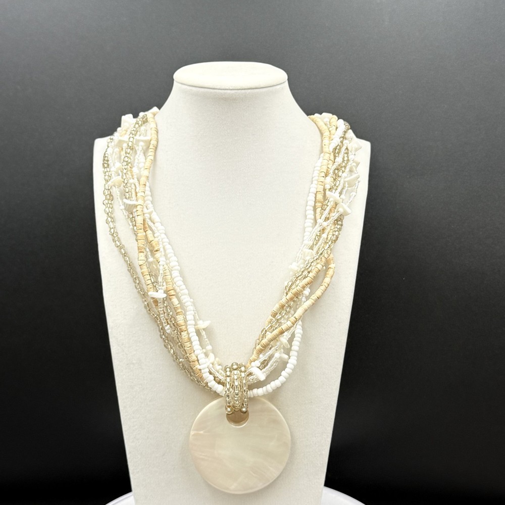 Vintage Cream Shell Disc Multi-Strand Bead Necklace Boho Statement