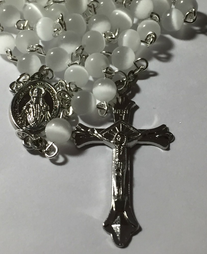 White Cats Eye Catholic Prayer Rosary Beads