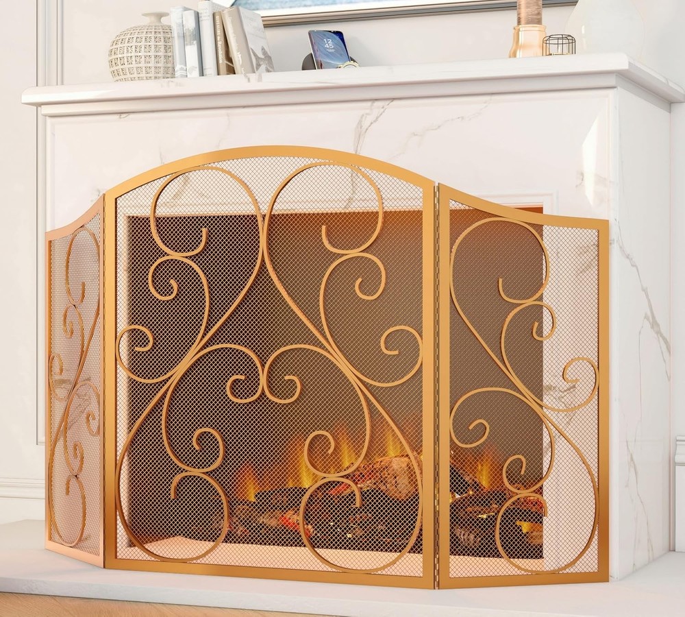 3 Panel Wrought Iron Fireplace Screen 48x30 Gold
