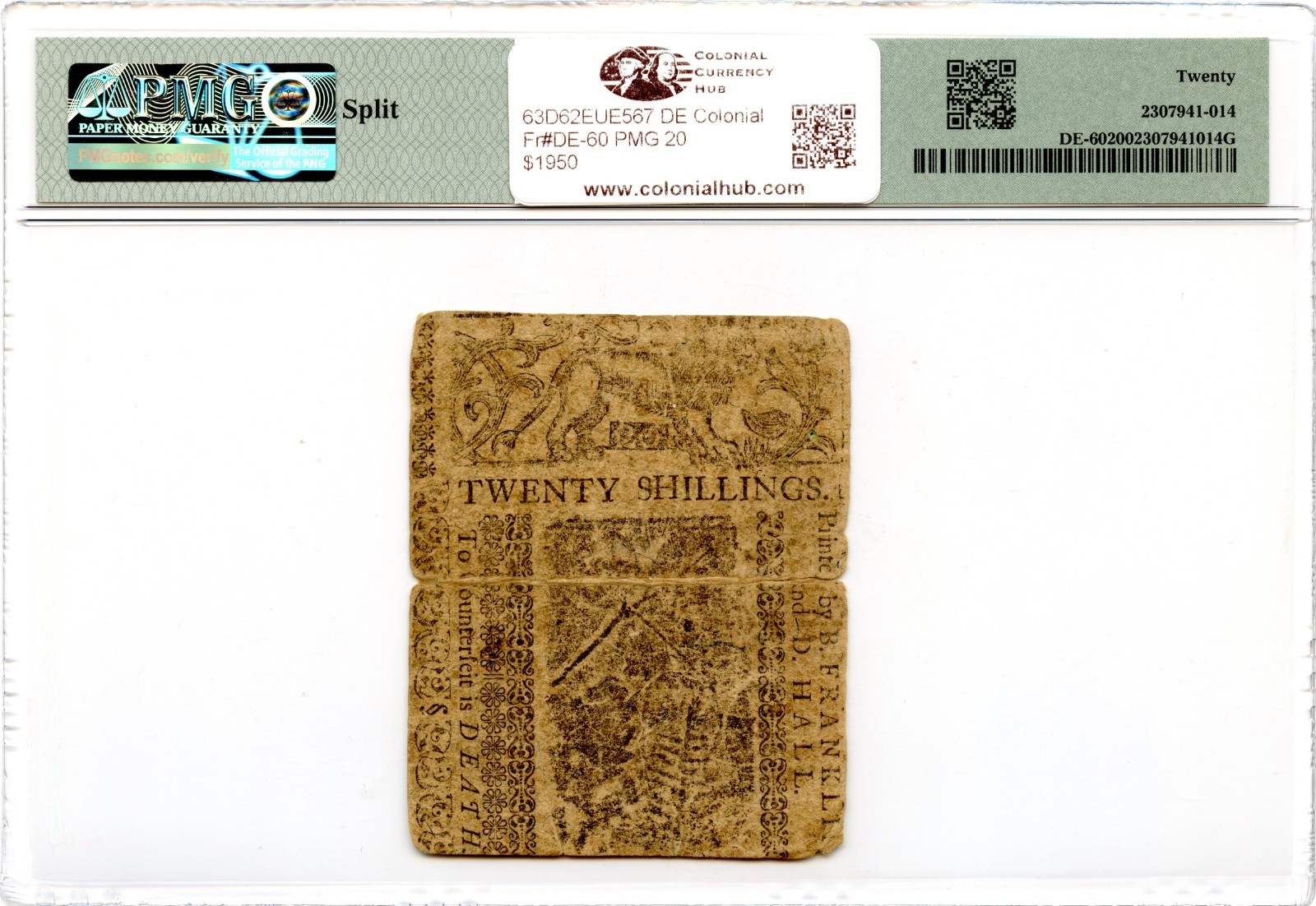 Delaware Colonial Note Fr#DE-60 May 1, 1758 20s PMG VF-20 *Ben Franklin*