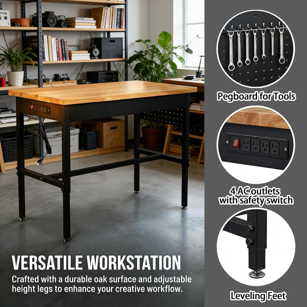 Height Adjustable Workbench w/ Power Outlet, Wheels, 2500LB Capacity