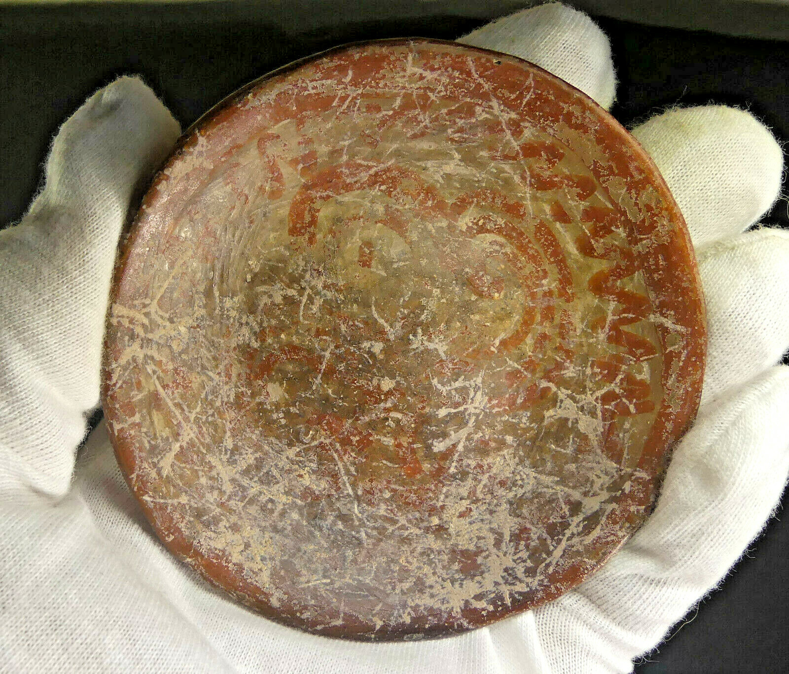 Native American Mississippian Culture Pottery Disk with Painted Glyphs AACA