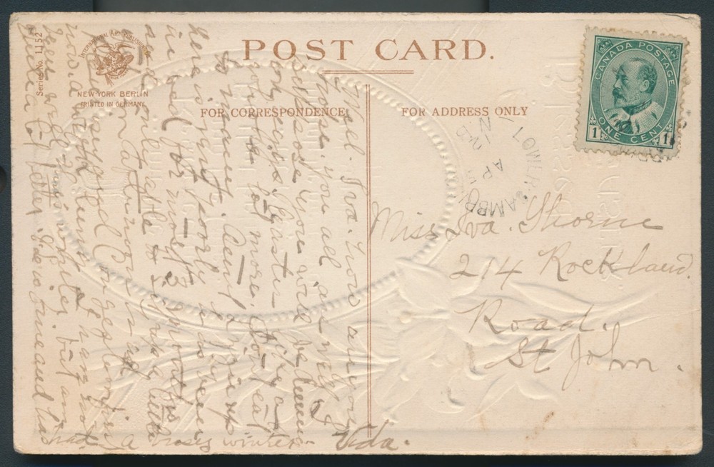 Lower Cambridge, NB- 1912 Split Ring Cancel on Postcard