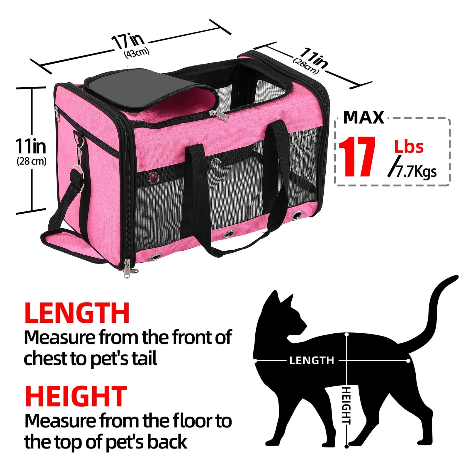 Soft Sided Cat/Dog Carrier, Collapsible, Airline Approved, Pink, for Pets up to
