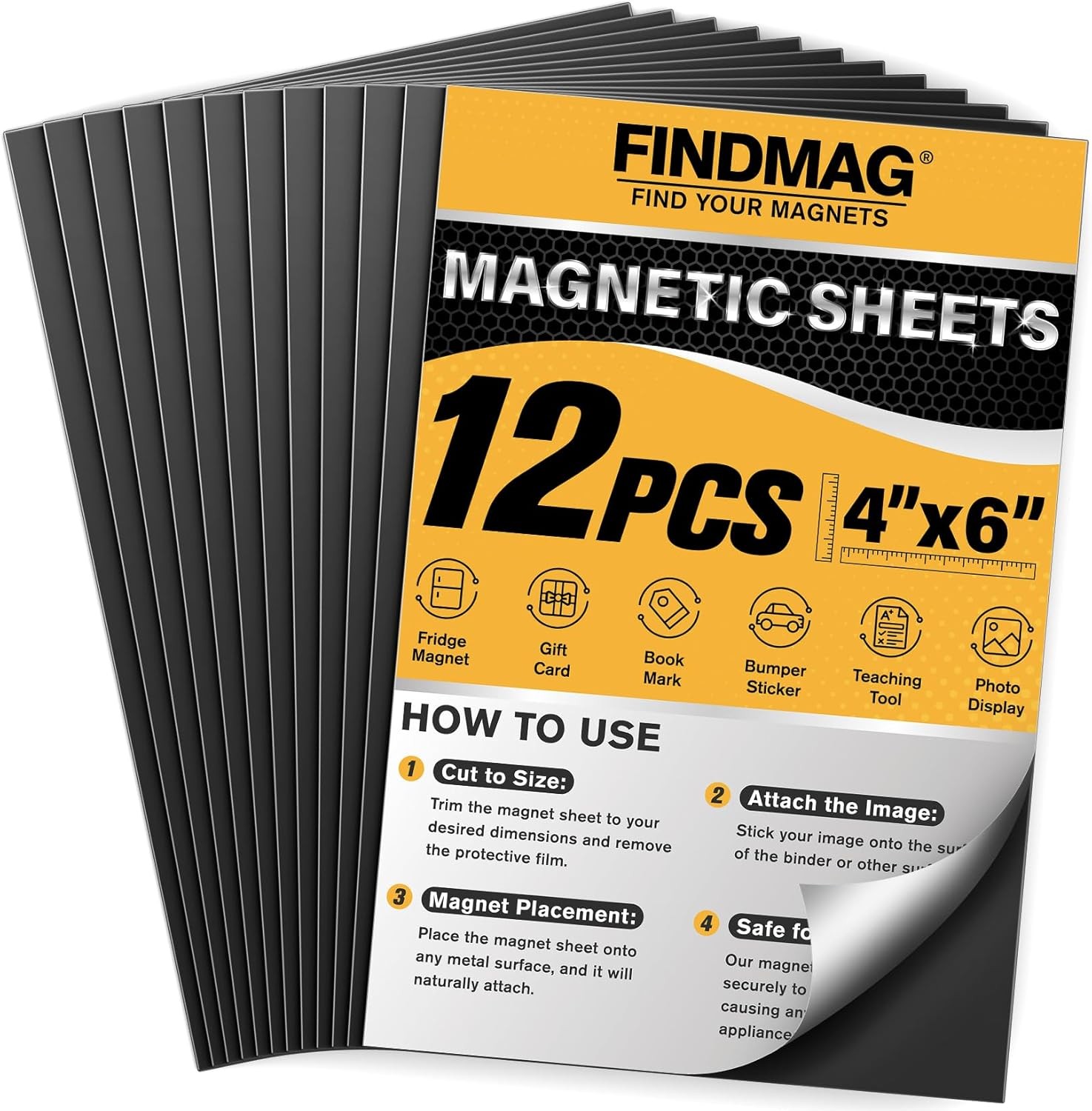 FINDMAG Magnetic Sheets, 12 Pack, 4" x 6" Magnet Sheets with Adhesive Backing, C