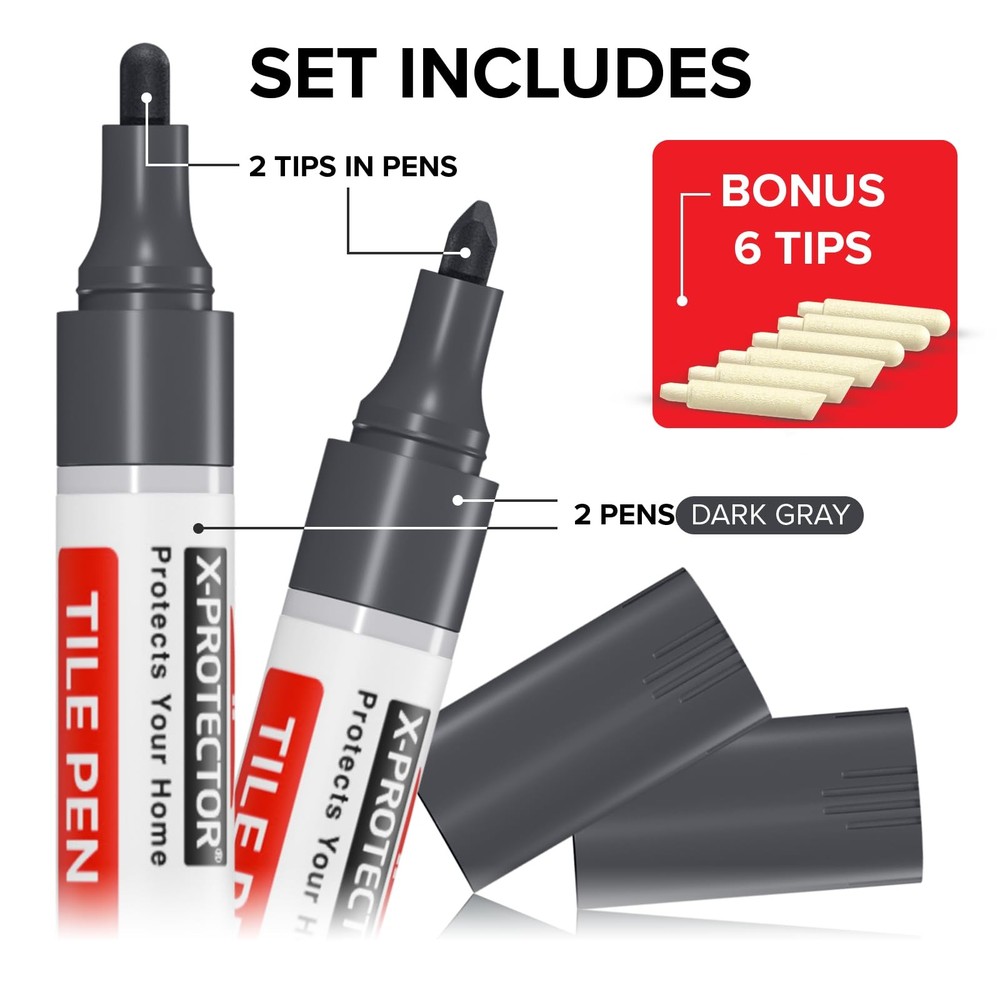 Water Based Grout Marker - 2 PCS with 8 Tips, Dark Gray