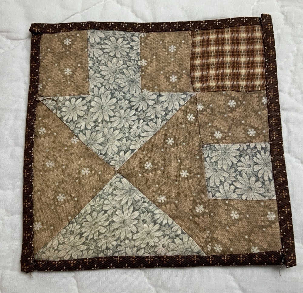 Antique Patchwork Quilt Table Topper, Early Calico Prints, Triangles, Brown
