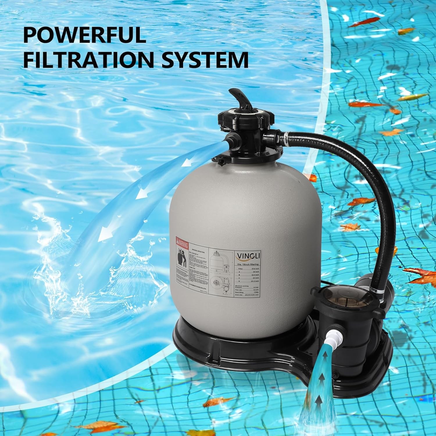 24" Sand Filter Above Ground with 1.5HP Pool Pump 5400GPH Flow 6-Way Valve Gray