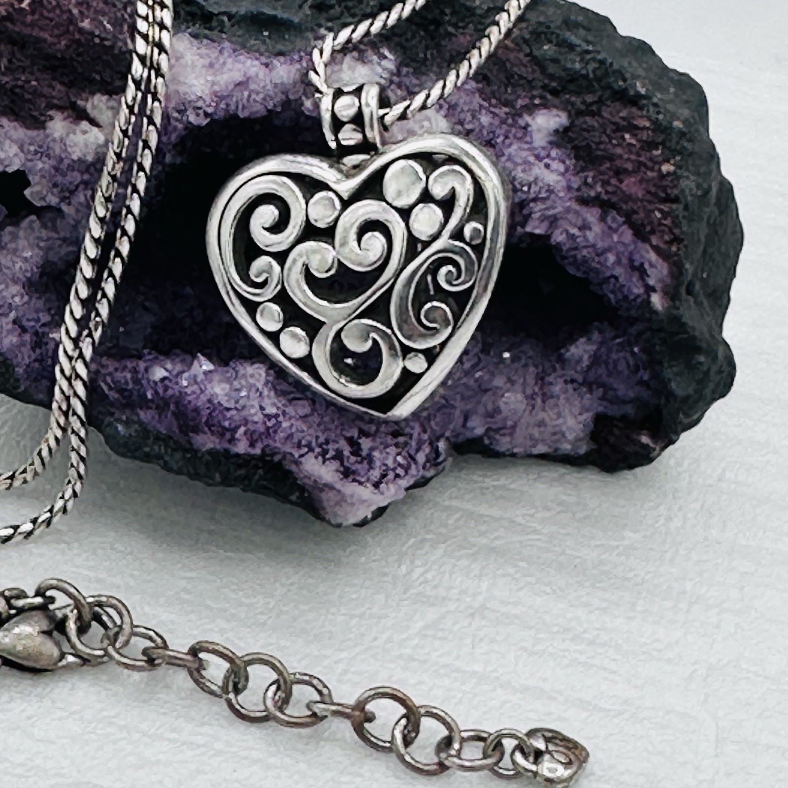 Brighton Silver Filigree Heart ID Badge Clip Lanyard Necklace Long 32"