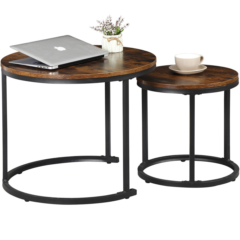 Set of 2 Nesting Coffee Table Round End Side Table for Small Spaces Rustic Brown