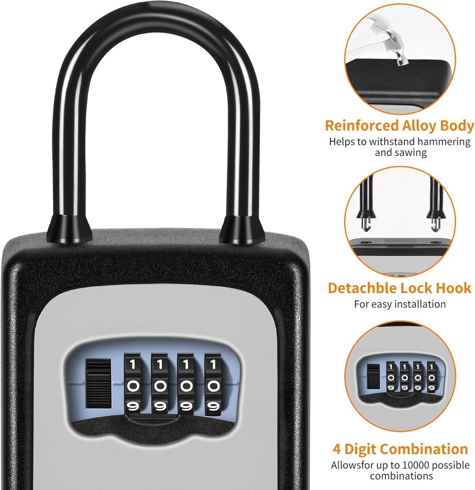 Portable Key Lock Box Wall Mounted Weatherproof with Resettable 4-Digit Code
