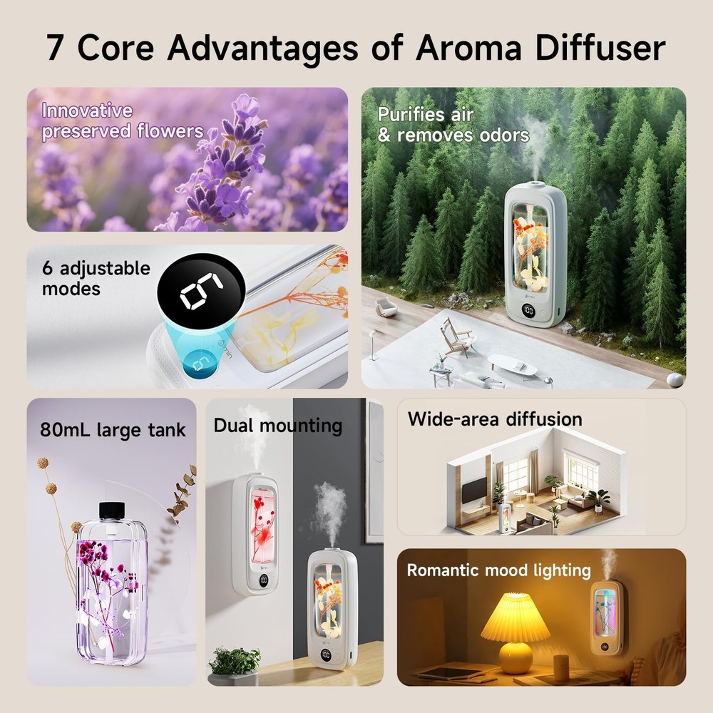 Small Waterless Oil Diffuser, Cordless Aromatherapy Diffusers with Real Flowe...