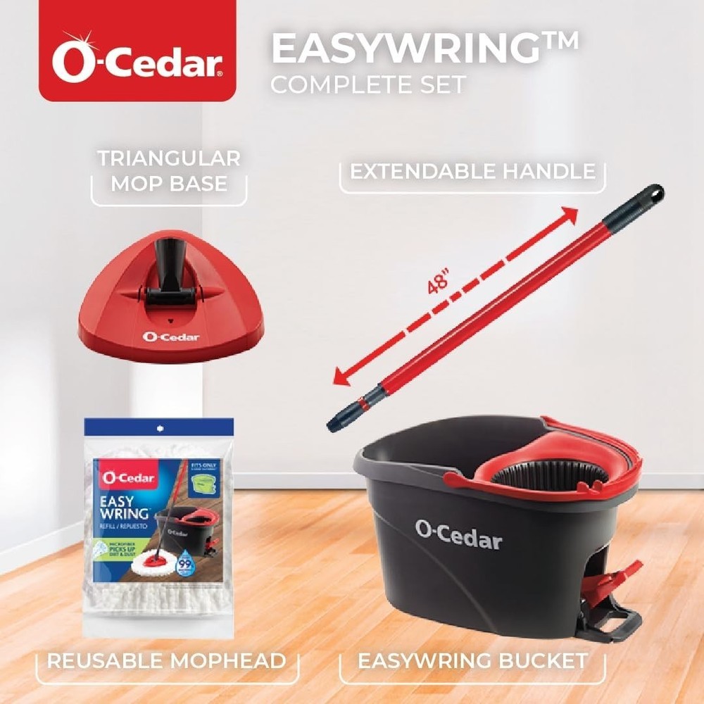 O-Cedar EasyWring Microfiber Spin Mop, Bucket Floor Cleaning System, Red, Gray