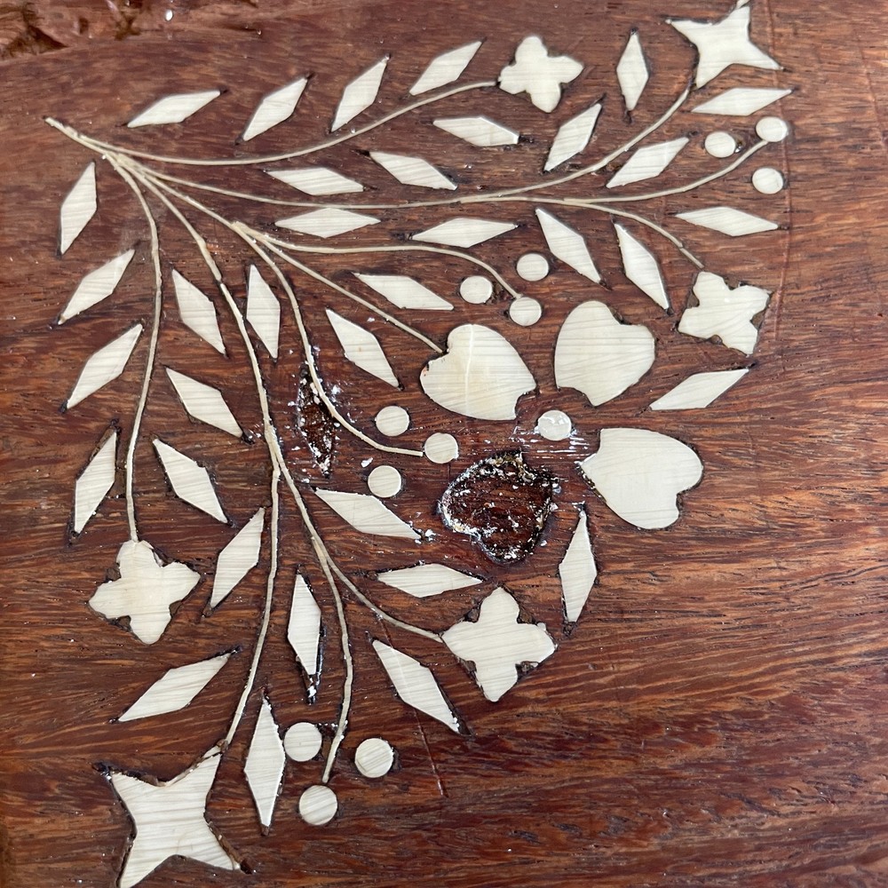 Indian Carved Folding Table Rectangular Coffee Table Inlaid Floral Pattern