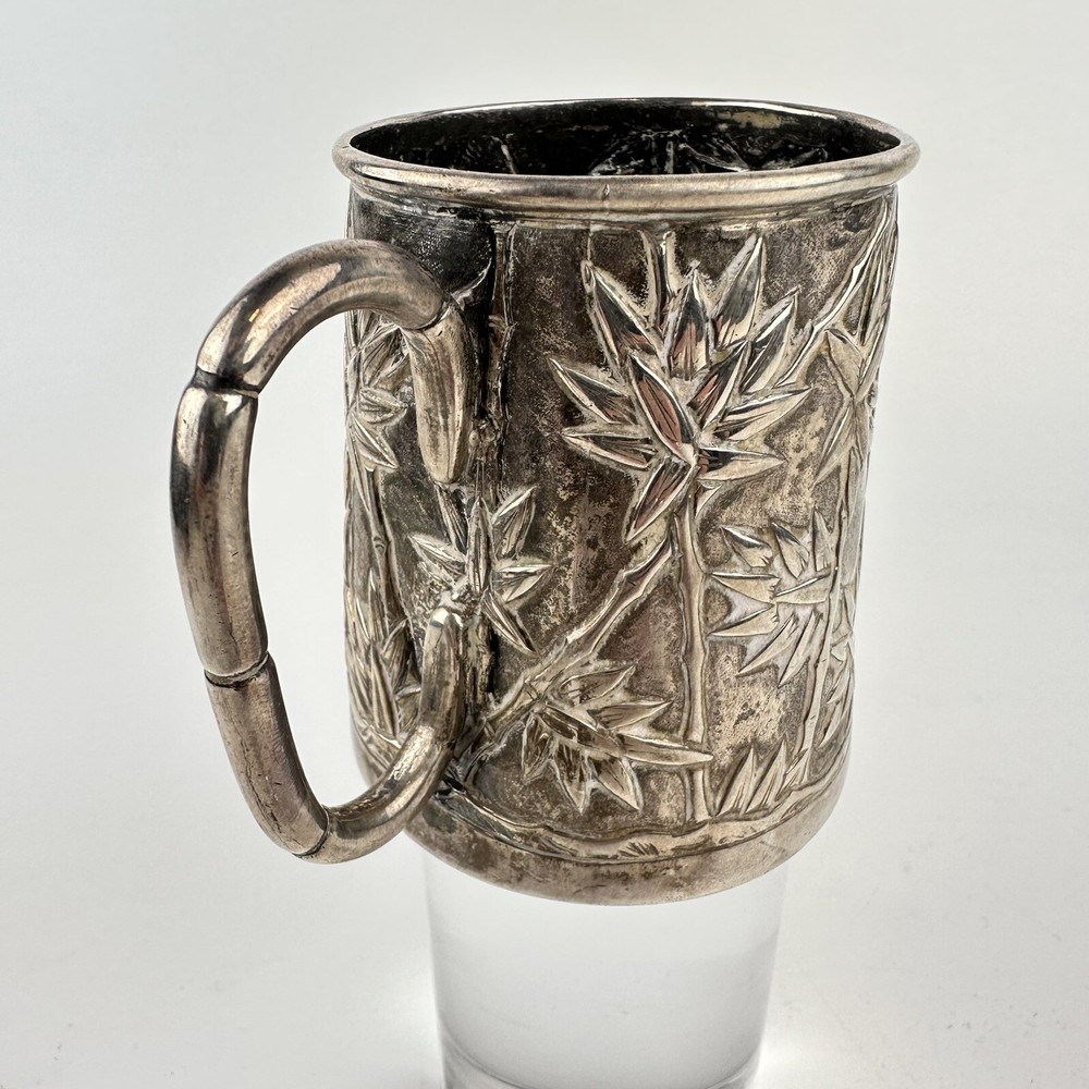 Antique Solid Silver Tested Chinese Export Christening Mug Aesthetic Bamboo