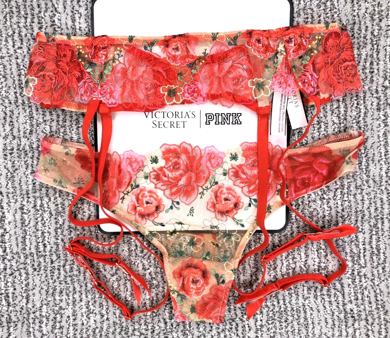 Victoria's Secret NWT Small Red Floral Embroider Garter Belt Thong Panty Set