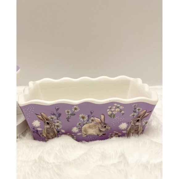Beautiful 2 piece Easter Set Mini Cupcake Stand Riser Loaf Dish Purple Easter