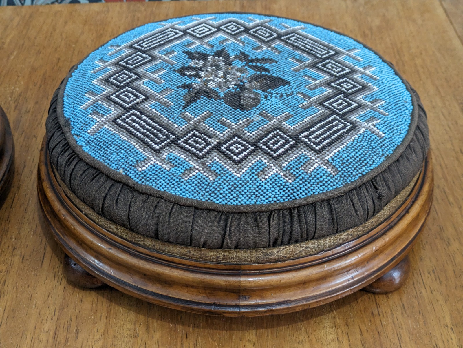 Victorian 19th Century Pair Walnut Turquoise Beadwork Bunfeet Footstools Antique