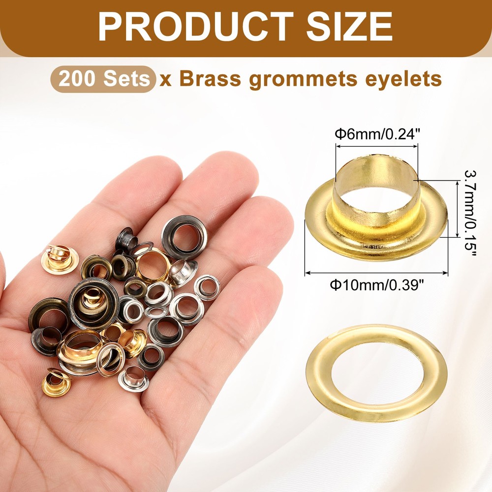 200 Sets Grommets Eyelets, 6mm Brass Self Backing Eyelets, Gold Tone