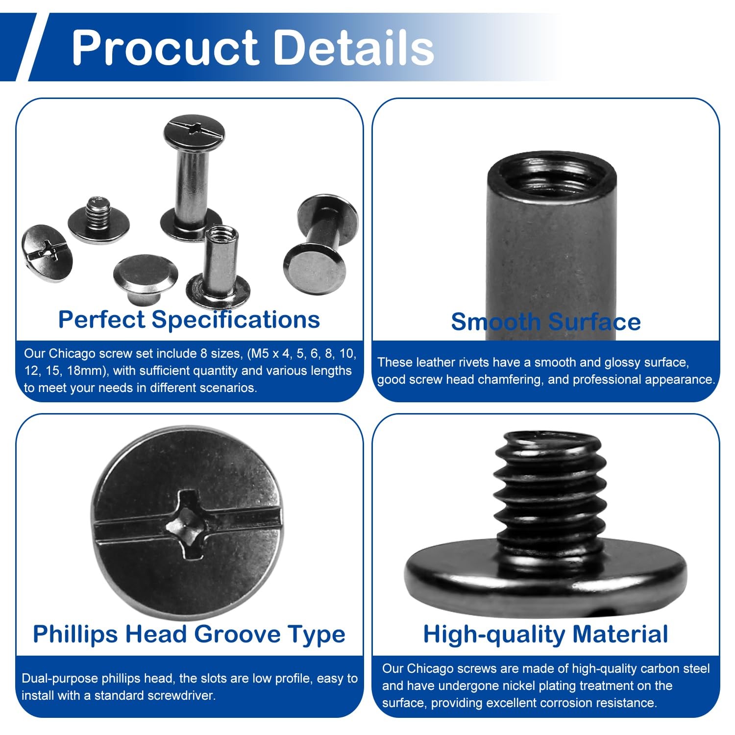 128 Sets Chicago Screws Kit, Black Screw Rivets, 8 Sizes Carbon Steel Binding...