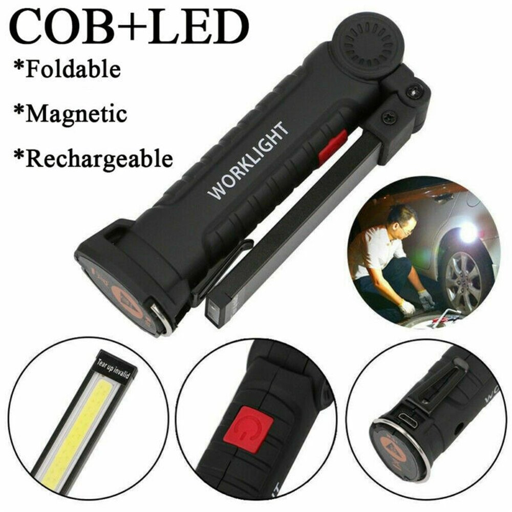 2 Super Bright USB Rechargeable COB LED Work Light Flashlight Folding Torch Lamp