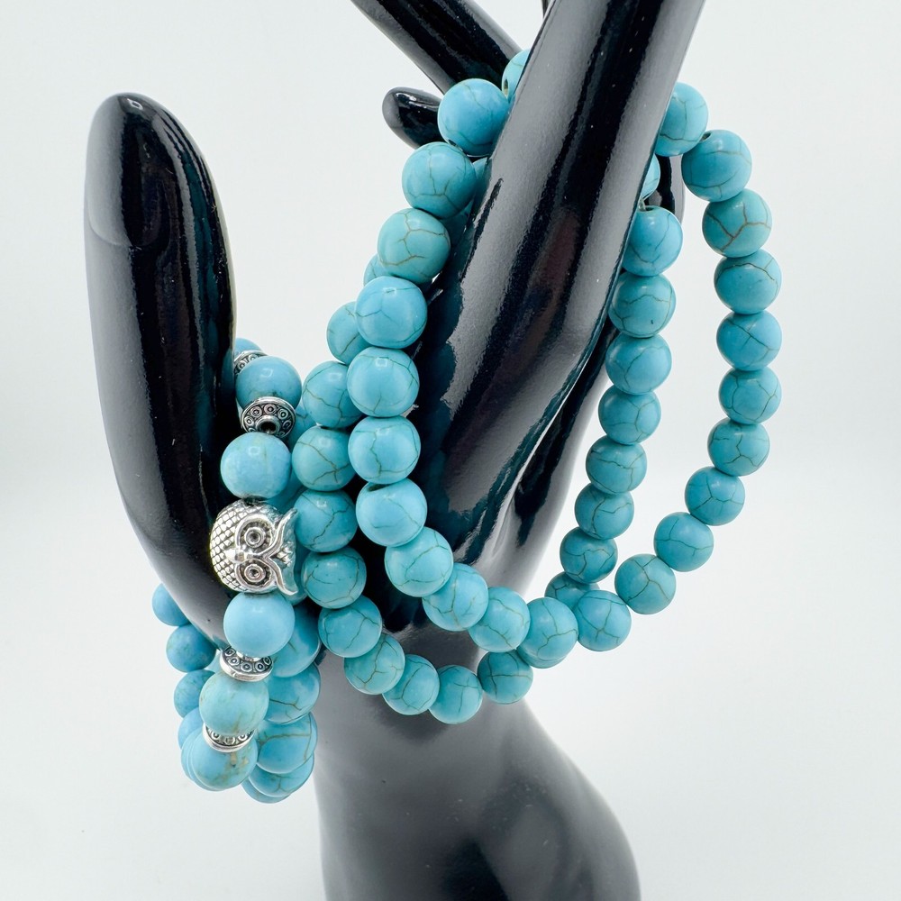 4 Turquoise Bead Bracelets Stretch Owl Stack Layer Southwestern Retro Boho