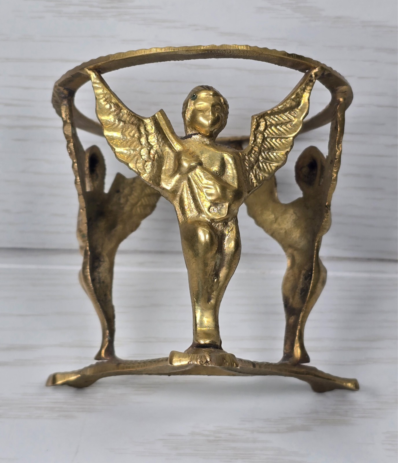VTG Brass Cherub Angel Plant Stand Vase Holder Figural Putti Art Deco Table Base
