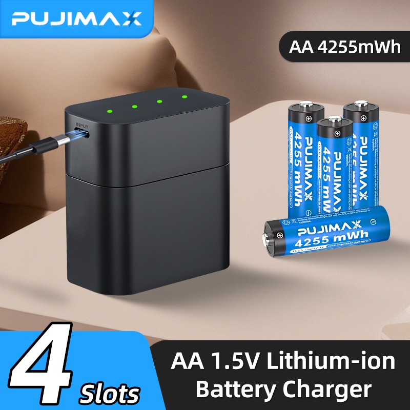 NEW 4 PCS PUJIMAX 4255mWh 1.5V AA Rechargeable Li-ion Batteries with Charing Box