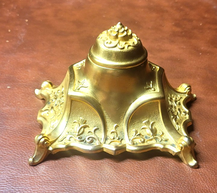 Vintage Brass S K Co. Art Nouveau Inkwell, Roller Blotter,pens - Ornate Etching