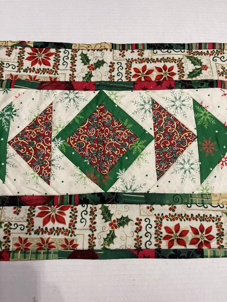 Handmade Patchwork Christmas Table Runner Red Green 38” X 14”
