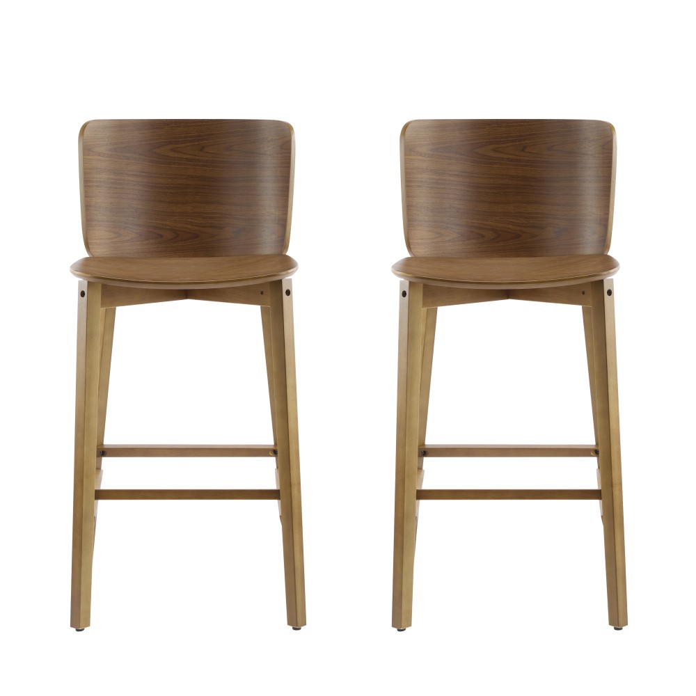 Bar Stools Set of 2, Walnut Brown Ergonomic Bentwood Back Kitchen Island Stools