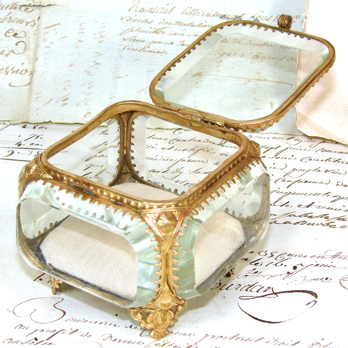 Antique Napoleon III Jewelry Casket, Miniature Vitrine Box, Thick Beveled Glass