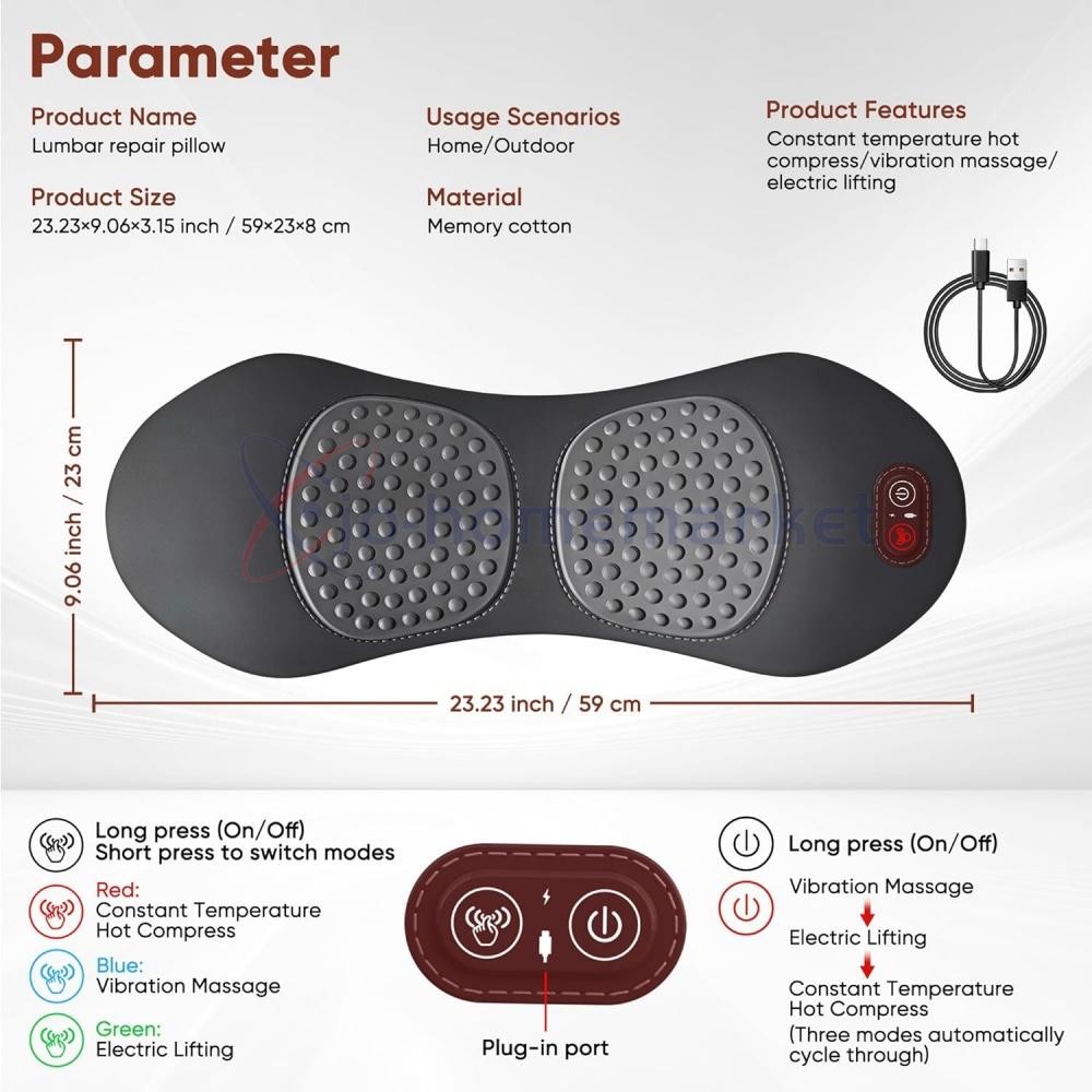 3 In 1 Electric Lumbar Support Pillow Smooth Spine Triple Fusion Back Massager