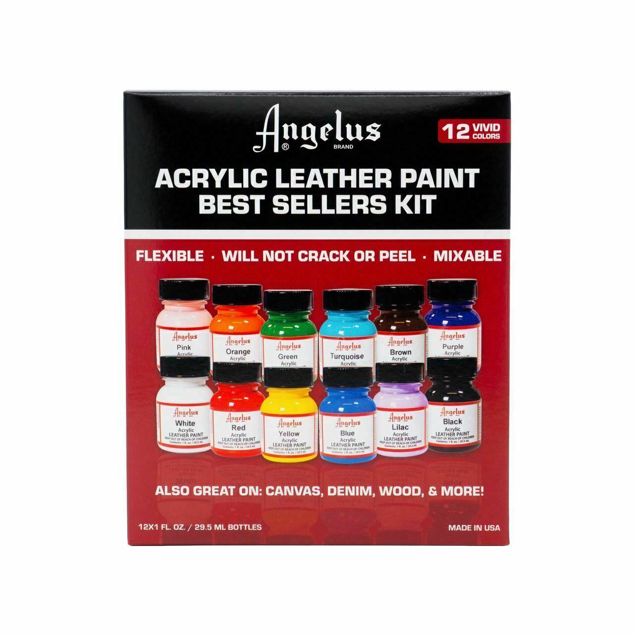 Angelus Acrylic Leather Paint Best Sellers Kit (12 Colors / 1 oz)