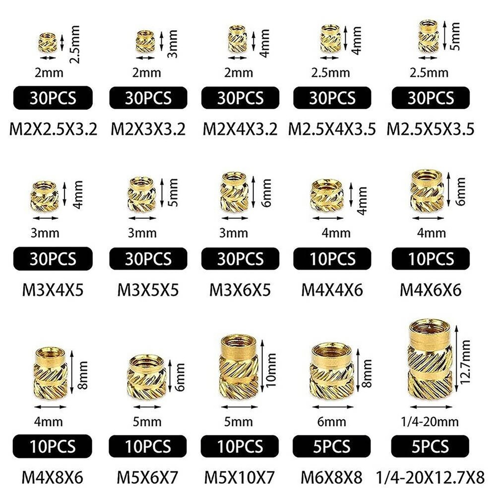 300pcs 7 Models 15 sizes M2-M6 Brass Threaded Inserts for Plastic 3D Printing