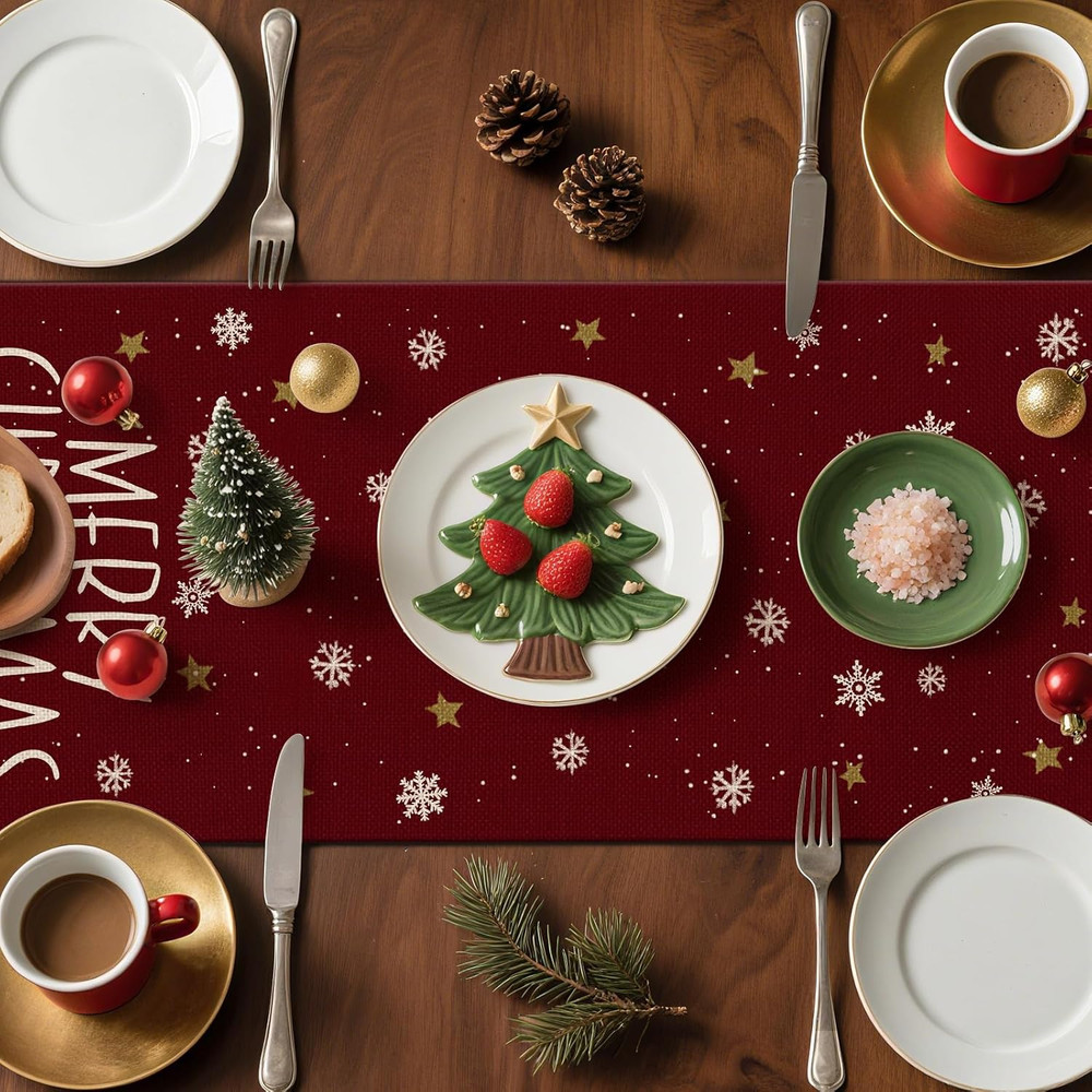 Christmas Tree Table Runner, Xmas Winter Snowflakes Holiday Kitchen Dining Table